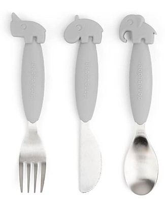 Done By Deer Set 3 Posate Anti-Scivolo - Forchetta, Cucchiaio e Coltello - Grigio - Silicone Alimentare e Acciaio inossidabile Posate