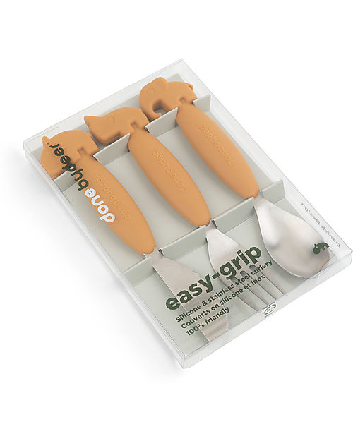 Done By Deer Set 3 Posate Anti-Scivolo - Forchetta, Cucchiaio e Coltello - Mostarda - Silicone Alimentare e Acciaio inossidabile Posate