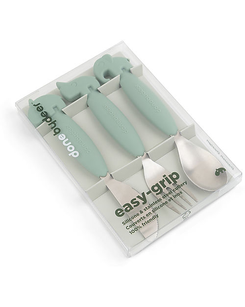 Done By Deer Set 3 Posate Anti-Scivolo - Forchetta, Cucchiaio e Coltello - Verde - Silicone Alimentare e Acciaio inossidabile Posate