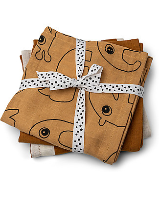 Done By Deer Set 3 Telini Antirigurgito Deer Friends Mostarda - 70x70 cm - 100% cotone Bavagli con Maniche