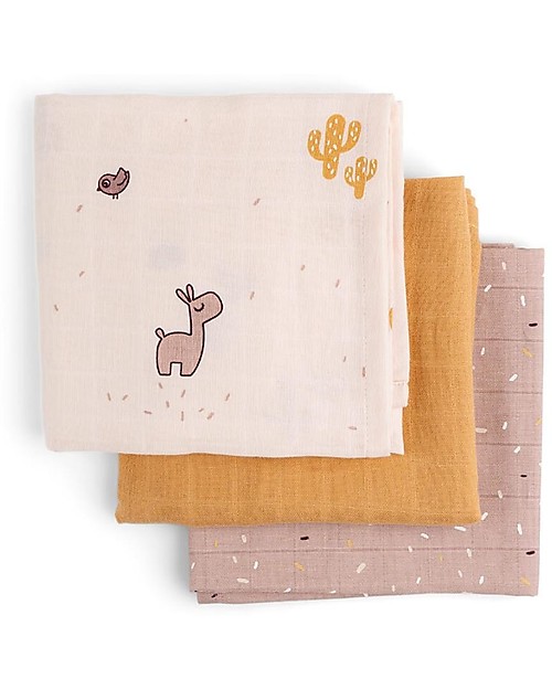 Done By Deer Set 3 Telini Antirigurgito Lalee il Lama - Cipria - 70x70 cm - 100% Cotone GOTS Bavagli con Maniche