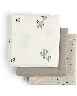 Done By Deer Set 3 Telini Antirigurgito Lalee il Lama - Sabbia - 70x70 cm - 100% Cotone GOTS Bavagli con Maniche
