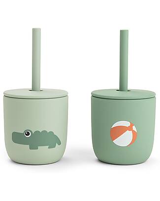 Done By Deer Set of 2 Straw Cup 120 ml - Playground - Green - 100% Food Grade Silicone - 12m+ Beakers