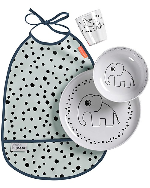 Done By Deer Set Pappa Baby Happy Dots, Celeste - 3 pezzi + bavaglino impermeabile! Set Pappa