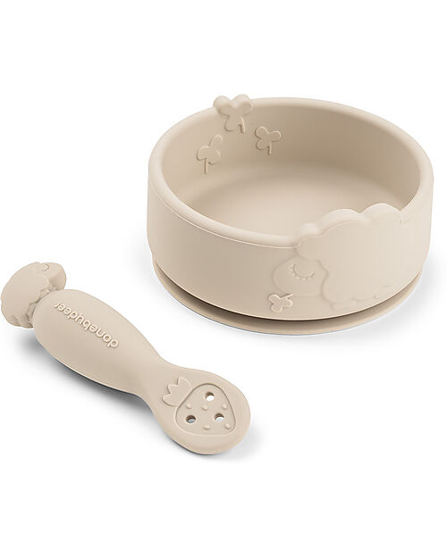 Done By Deer Set Pappa da Apprendimento - Stick & Stay - Ciotola e Cucchiaio - Sheepy - Sabbia - 100% Silicone Alimentare Set Pappa