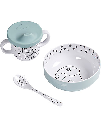Done By Deer Set Pappa First Meal Happy Dots, Celeste - Con ciotola, cucchiaio, tazza con manici e beccuccio Set Pappa