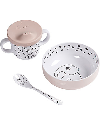 Done By Deer Set Pappa First Meal Happy Dots, Rosa - Con ciotola, cucchiaio, tazza con manici e beccuccio Set Pappa