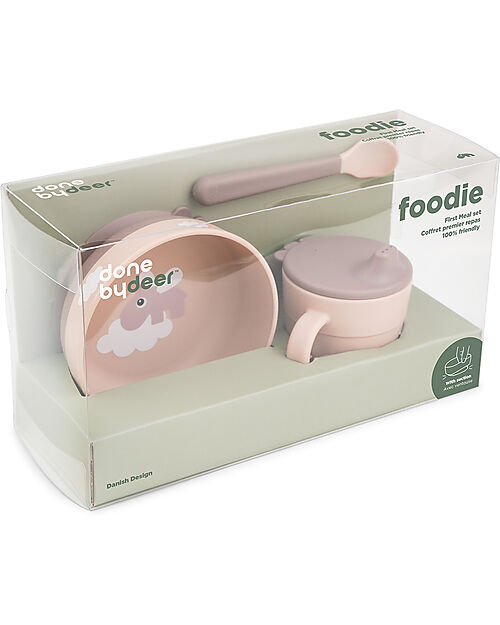 Done By Deer Set Pappa Foodie - Ciotola Tazza e Cucchiaio - Happy Clouds - Rosa Cipria - 100% PP Alimentare Set Pappa