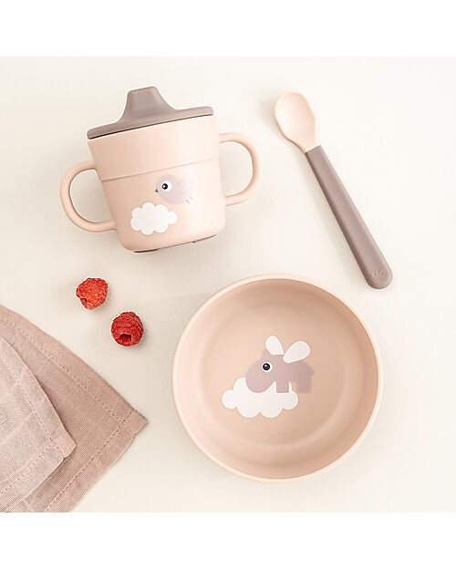 Done By Deer Set Pappa Foodie - Ciotola Tazza e Cucchiaio - Happy Clouds - Rosa Cipria - 100% PP Alimentare Set Pappa