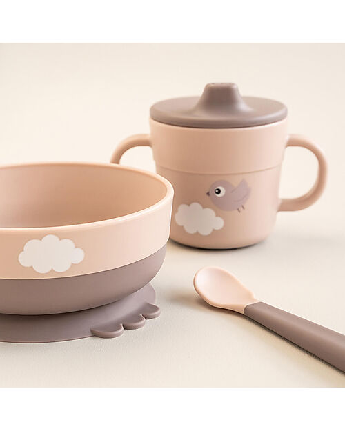 Done By Deer Set Pappa Foodie - Ciotola Tazza e Cucchiaio - Happy Clouds - Rosa Cipria - 100% PP Alimentare Set Pappa