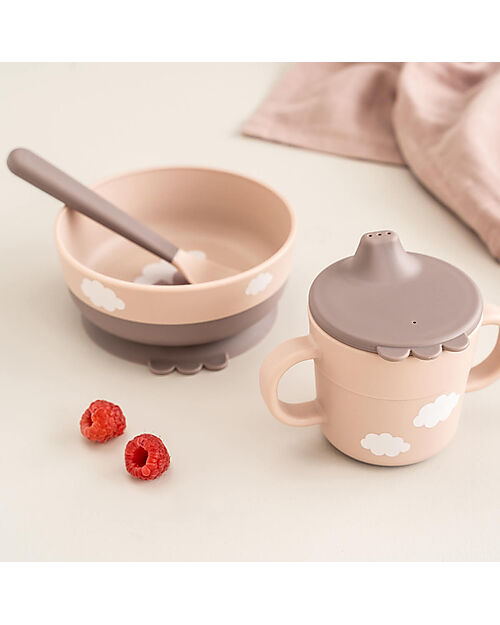 Done By Deer Set Pappa Foodie - Ciotola Tazza e Cucchiaio - Happy Clouds - Rosa Cipria - 100% PP Alimentare Set Pappa