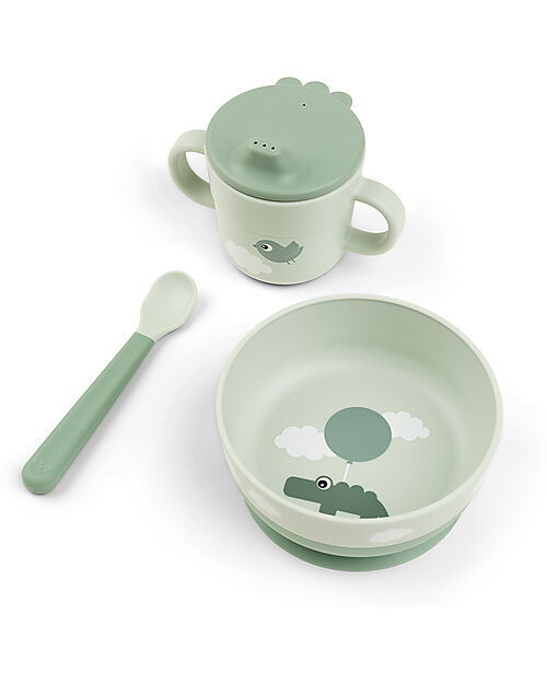 Done By Deer Set Pappa Foodie - Ciotola Tazza e Cucchiaio - Happy Clouds - Verde - 100% PP Alimentare Set Pappa