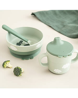 Done By Deer Set Pappa Foodie - Ciotola Tazza e Cucchiaio - Happy Clouds - Verde - 100% PP Alimentare Set Pappa