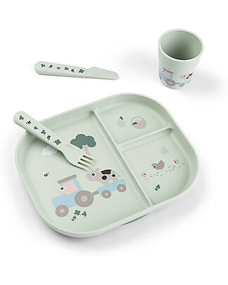 Done By Deer Set Pappa Foodie - Piatto con Scomparti Bicchiere e Posate - Tiny Farm - Verde - 100% PP Alimentare Set Pappa