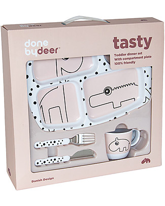 Done By Deer Set Pappa Happy Dots, Rosa Cipria - Comprende piatto a scomparti, tazza, posate Set Pappa
