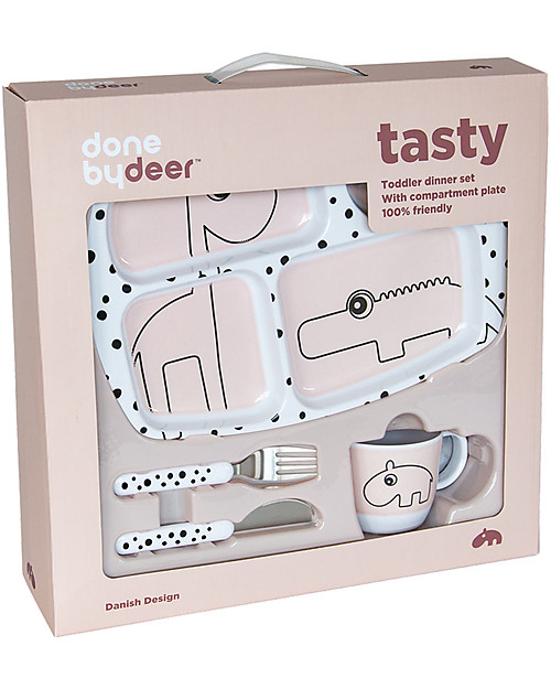 Done By Deer Set Pappa Happy Dots - Rosa Cipria - Comprende Piatto Tazza e Posate Set Pappa