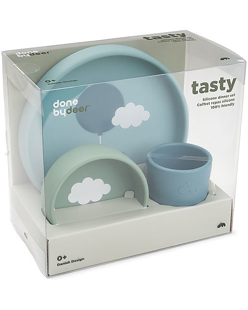 Done By Deer Set Pappa in Silicone Alimentare - Piatto Ciotola e Tazza - Happy Clouds - Blu Set Pappa