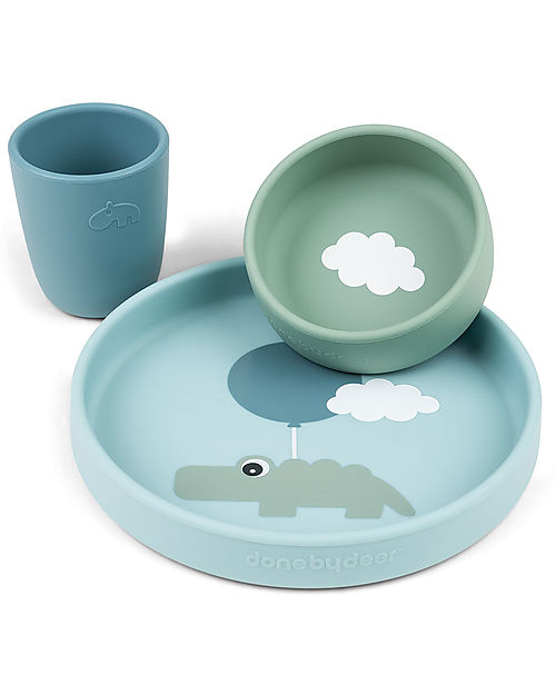 Done By Deer Set Pappa in Silicone Alimentare - Piatto Ciotola e Tazza - Happy Clouds - Blu Set Pappa