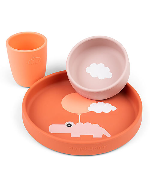 Done By Deer Set Pappa in Silicone Alimentare - Piatto Ciotola e Tazza - Happy Clouds - Papaya Set Pappa