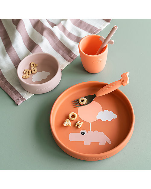 Done By Deer Set Pappa in Silicone Alimentare - Piatto Ciotola e Tazza - Happy Clouds - Papaya Set Pappa