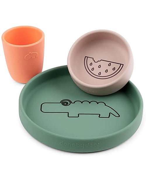 Done By Deer Set Pappa - Piatto Ciotola e Tazza - Croco - Colore Mix - Silicone Alimentare Set Pappa