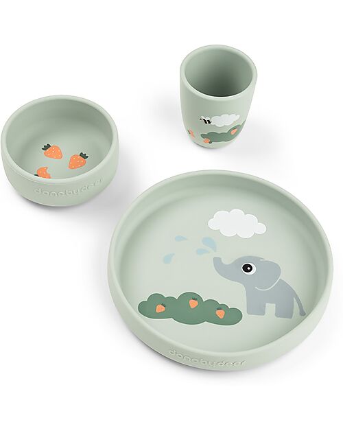 Done By Deer Set Pappa Stick&Stay - Piatto Ciotola e Bicchiere - Elphee - Verde - 100% Silicone Alimentare Set Pappa