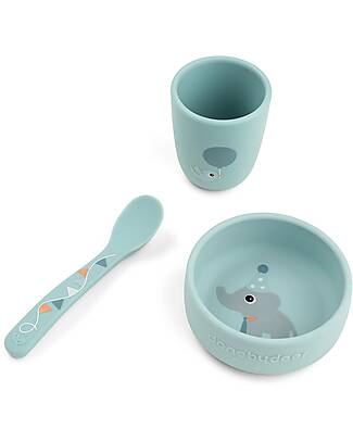 Done By Deer Set Pappa Stick & Stay - Ciotola Bicchiere e Cucchiaio - Celebration - Blu - 100% Silicone Alimentare Set Pappa