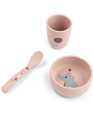 Done By Deer Set Pappa Stick & Stay - Ciotola Bicchiere e Cucchiaio - Celebration - Cipria - 100% Silicone Alimentare Set Pappa