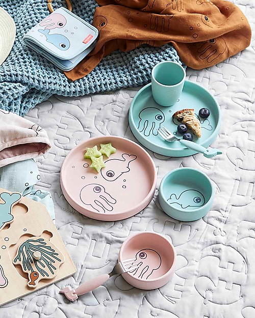Done By Deer Set per la Pappa in Silicone Alimentare - Amici del Mare Blu Set Pappa