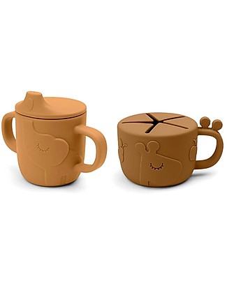 Done By Deer Set Tazza Snack e Tazza Beccuccio Peekaboo - Amici di Deer - Mostarda - 100% Silicone Alimentare Tazze