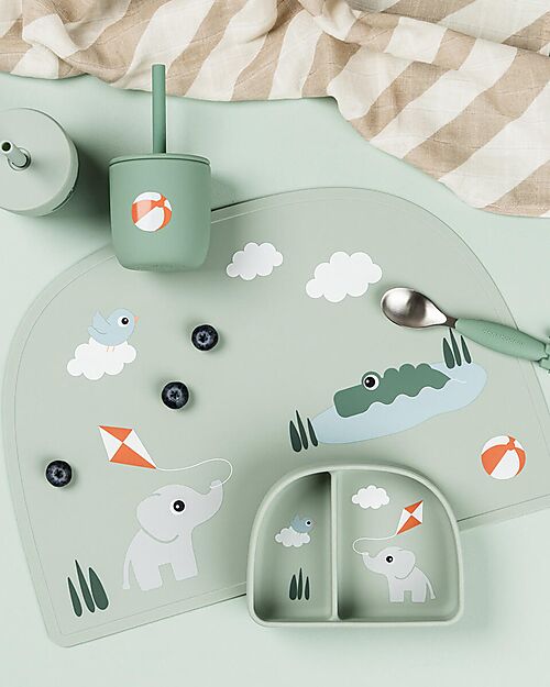 Done By Deer Stick&Stay Ciotola con Scomparti - Playground - Verde - 100% Silicone Alimentare Piatti e Scodelle