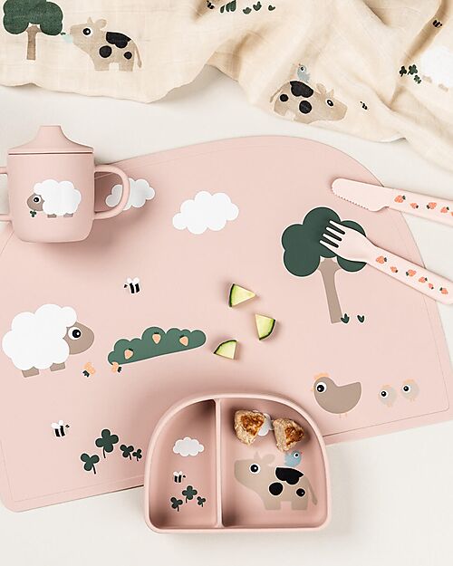 Done By Deer Stick&Stay Ciotola con Scomparti - Tiny Farm - Cipria- 100% Silicone Alimentare Piatti e Scodelle