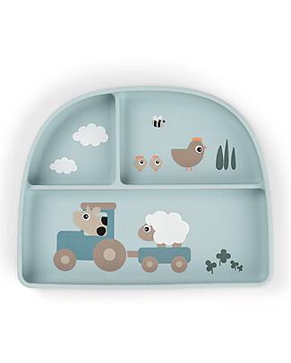 Done By Deer Stick&Stay Piatto con Scomparti - Tiny Farm - Blu - 100% Silicone Alimentare Piatti e Scodelle