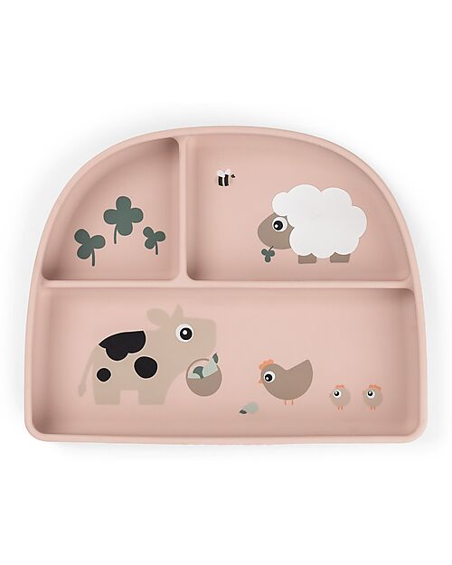 Done By Deer Stick&Stay Piatto con Scomparti - Tiny Farm - Cipria - 100% Silicone Alimentare Piatti e Scodelle