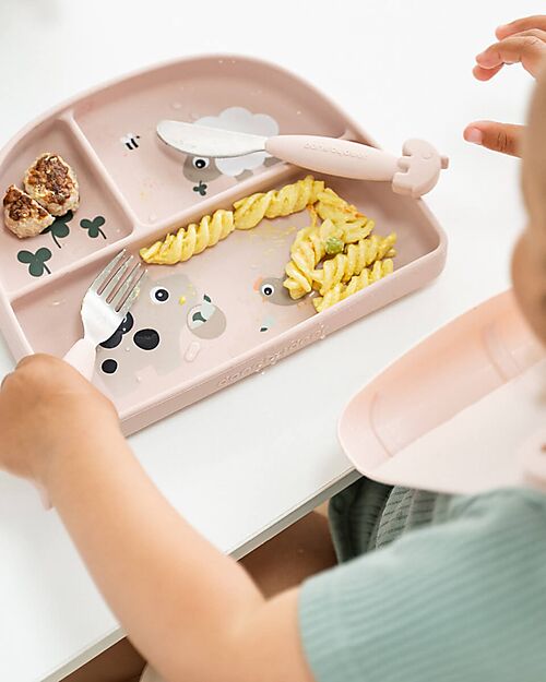 Done By Deer Stick&Stay Piatto con Scomparti - Tiny Farm - Cipria - 100% Silicone Alimentare Piatti e Scodelle
