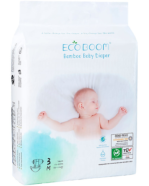 Eco Boom Pannolino Biodegradabile in Bambù - Taglia M 6-10 kg - Pacco Scorta da 74 Pezzi Pannolini Eco