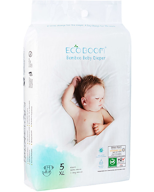 Eco Boom Pannolino Biodegradabile in Bambù - Taglia XL 12kg+ - Pacco Scorta da 62 Pezzi Pannolini Eco