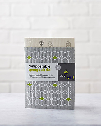 EcoLiving Panno in Spugna Compostabile - pacco da 2 - Foglie/Cubi Detergenza Casa