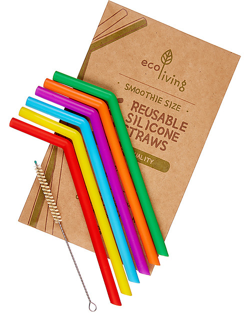 EcoLiving Sei Cannucce in Silicone + Scovolino a Base Vegetale - Riutilizzabili! Cannucce Eco