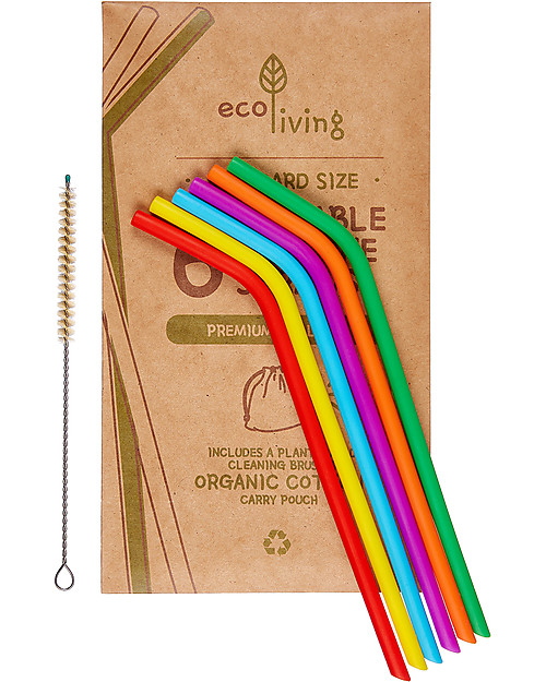 EcoLiving Sei Cannucce in Silicone + Scovolino a Base Vegetale - Riutilizzabili! Cannucce Eco