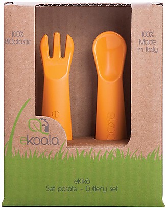 eKoala eKikò - Set Forchetta e Cucchiaino, Arancione - Bioplastica Naturale, 100% Biodegradabile, Made in Italy Posate e Bacchette