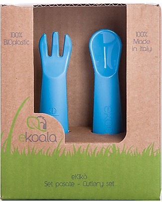 eKoala eKikò - Set Forchetta e Cucchiaino, Azzurro - Bioplastica Naturale, 100% Biodegradabile, Made in Italy Posate e Bacchette