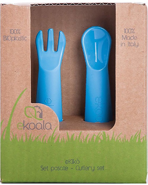 eKoala eKikò - Set Forchetta e Cucchiaino, Azzurro - Bioplastica Naturale, 100% Biodegradabile, Made in Italy Posate