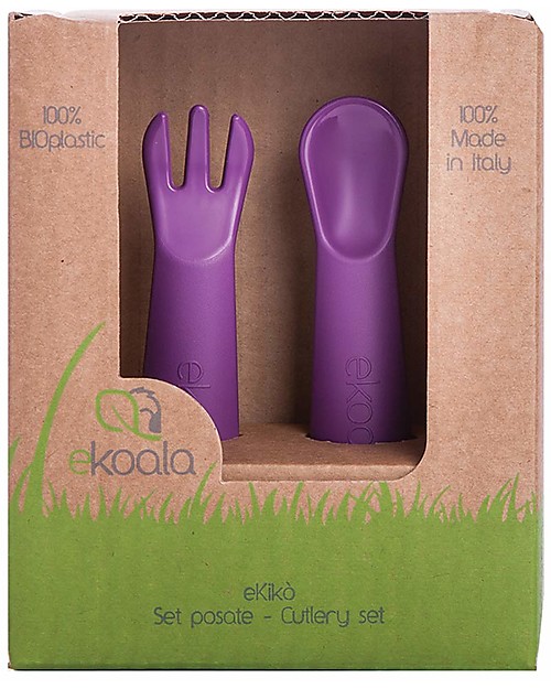 eKoala eKikò - Set Forchetta e Cucchiaino, Viola - Bioplastica Naturale, 100% Biodegradabile, Made in Italy Posate