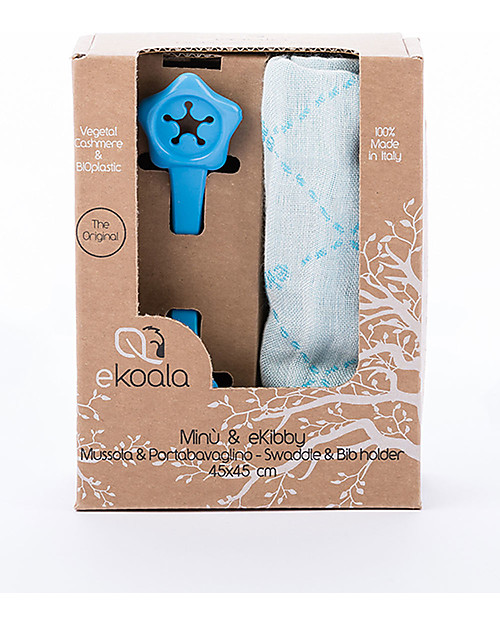 eKoala Minù+eKibby - Set Mussola in Cashmere Vegetale e Portabavaglino in Bioplastica Naturale, Azzurro Bavagli Classici