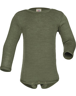 Engel Natur Body a Manica Lunga con Automatici - Verde Oliva - Lana Vergine e Seta - Certificazione GOTS Body Manica Lunga