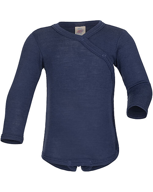 Engel Natur Body Kimono Manica Lunga con Automatici - Blu - Lana Vergine e Seta -Certificato GOTS Body Manica Lunga