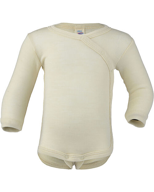 Engel Natur Body Kimono Manica Lunga con Automatici - Ecru - Lana Vergine e Seta - Certificato GOTS Body Manica Lunga