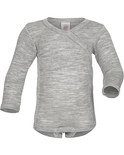 Engel Natur Body Kimono Manica Lunga con Automatici - Grigio - Lana Vergine e Seta -Certificato GOTS Body Manica Lunga