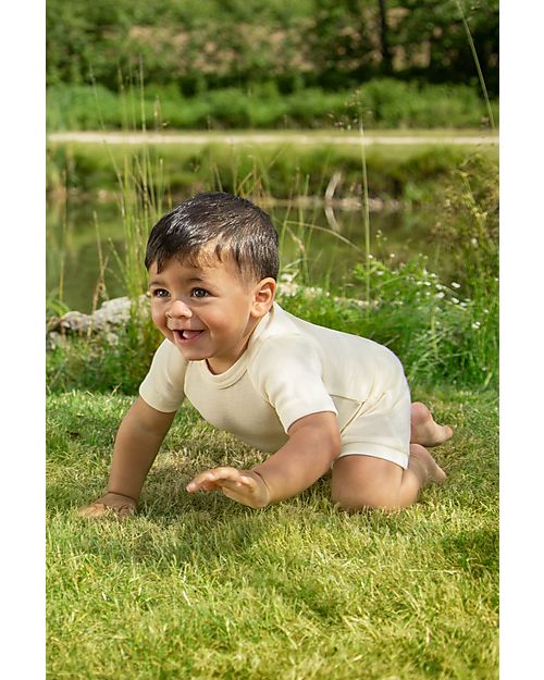 Engel Natur Body Manica Corta - Ecru - Lana Vergine e Seta - Certificato GOTS Body Manica Corta